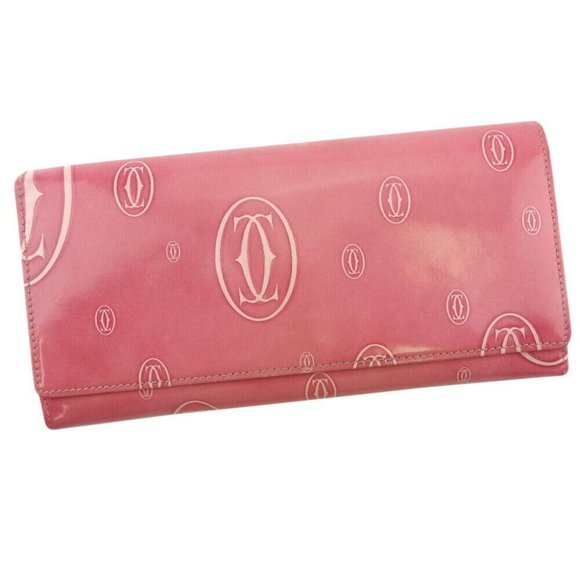 Cartier Long Purse Happy Birthday Pink Enamel Leather Authentic USED